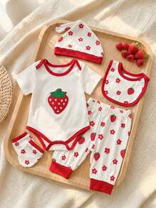 SHEIN Playful Pals 6件套新生女婴信封领圆领短袖草莓毛巾刺绣连体衣+松紧腰草莓印花裤+帽子手套围兜休闲舒适柔软套装，适合夏季外出 - 紅白色 - 查看 10