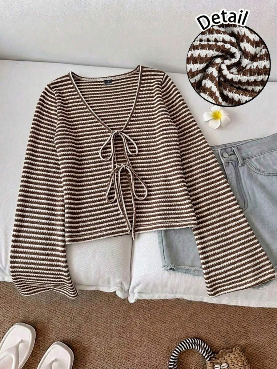 SHEIN LUNE 休闲简约棕白条纹衬衫,适合夏季穿着 - 彩色 - 查看 1