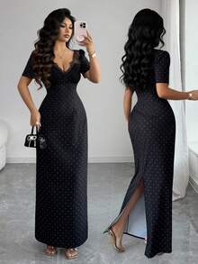 Elenzga Women's Elegant Black White Polka Dot V-Neck Lace Decor Fitted Midi Dress,Summer Dinner Date Dress For Weddings,Galas,Commute,Parties & Graduation - Black - View 5