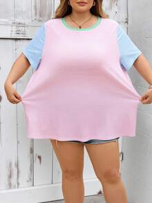SHEIN CURVE+ Áo thun nữ cỡ lớn CURVE PLUS /Ngày Valentine/Áo thun nữ kẻ sọc lấp lánh và in họa tiết, họa tiết toàn thân, phù hợp cho mùa hè, Ngày Valentine, hoa hồng, trái tim, chấm bi, tình yêu, môi, thần Cupid, hoa 3D. - Nhiều màu - Xem 4