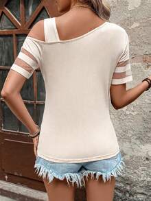 Camiseta de manga corta con cuello asimétrico, parches de malla, para uso casual de vacaciones de las mujeres - Albaricoque - Ver 10