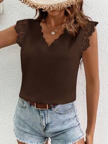 SHEIN VCAY Women's Solid V-Neck Casual Versatile Daily Wear Shirt,Summer Top - Brown - View 6