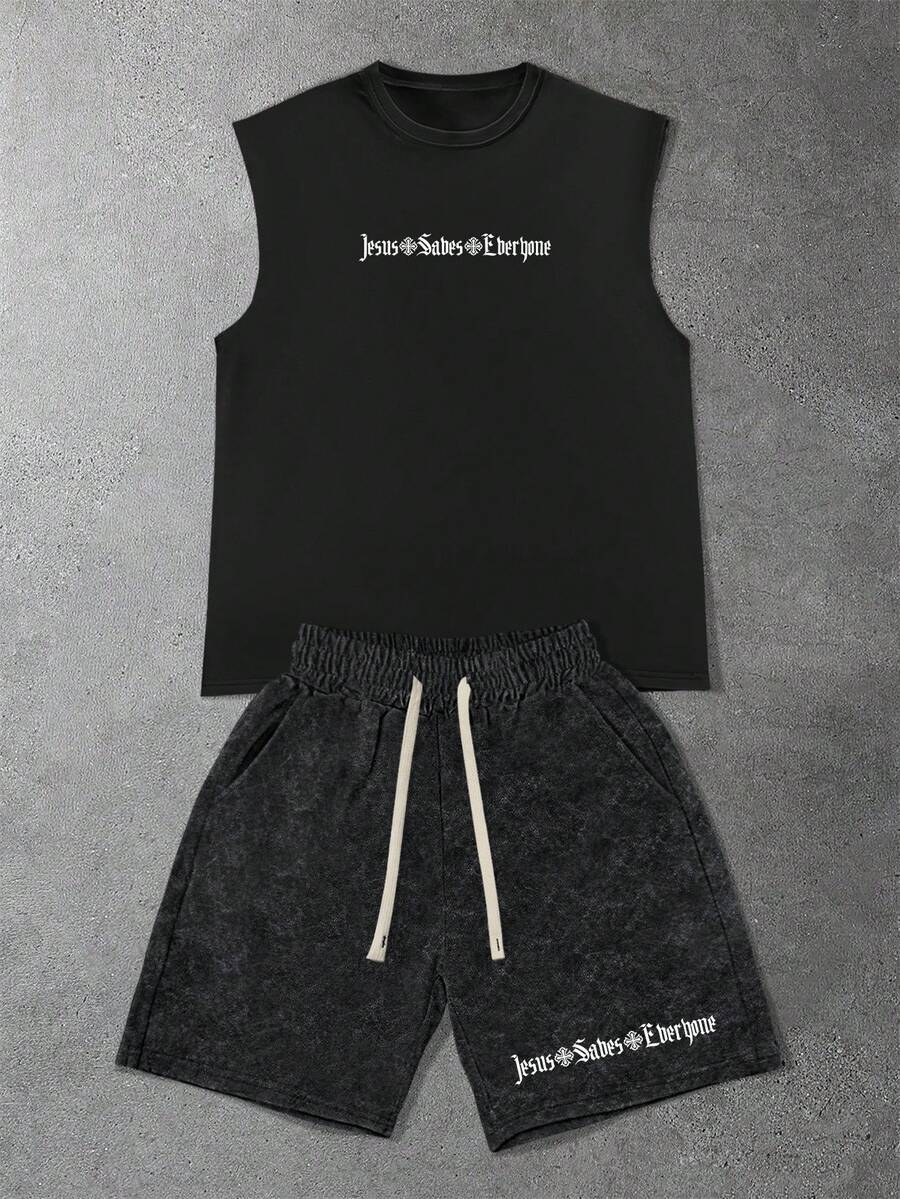 Manfinity EMRG Men's Black Gothic 2-Piece Set,Distressed Sleeveless Tank Top And Shorts,Religious Letter Print Streetwear,Black And White,Summmer,City Break Outfit - Multicolor - View 1
