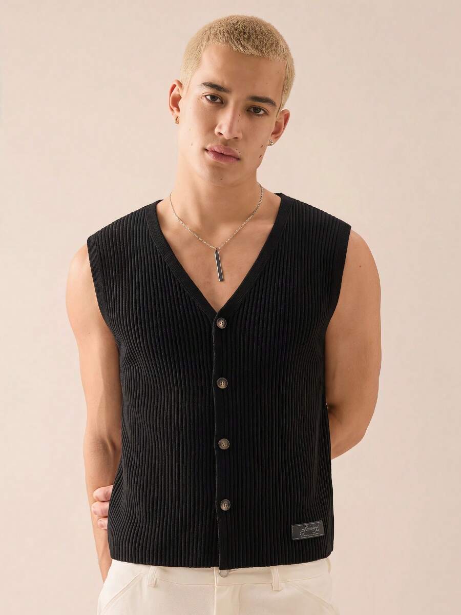 ESTAVOR Men's Solid Color Single-Breasted Casual Versatile Daily Wear Knit Top - Black - View 1