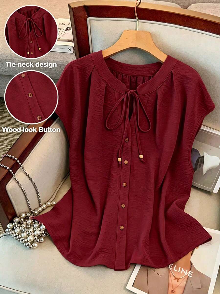 GlowEve CURVE Plus Size Women Elegant Eleganza Solid Color Round Neck Contrast Color Single-Breasted Drawstring Tank Top Sleeveless Formal Office Burgundy Summer - Burgundy - View 1