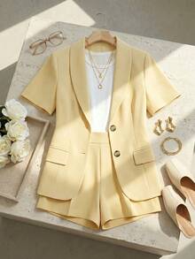 GlowEve Women's Light Yellow Summer 2pcs Suit Set,Short Sleeved Jacket & High Waisted Wide Leg Pants,Smart Casual Commuting Office Wear For Brunch, - Yellow - View 5