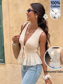 Serisse Blusa de mujer con volantes y lazo, de moda y sexy - Albaricoque - Ver 11