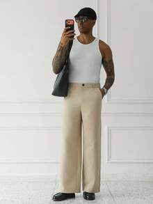 HUEFORM Men's Khaki Relaxed Fit Wide Leg Casual Pants,The Dividing Line Design Makes The Pattern More Three-Dimensional.Suitable For Daily Travel For Men - Khaki - View 4