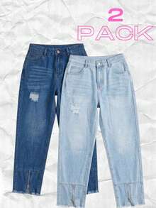 Set 2 Jeans Mom High Rise Pants Light Dark Dark Torn Ankle Closure - Índigo Clásico y Azul Hielo Suave - View 1