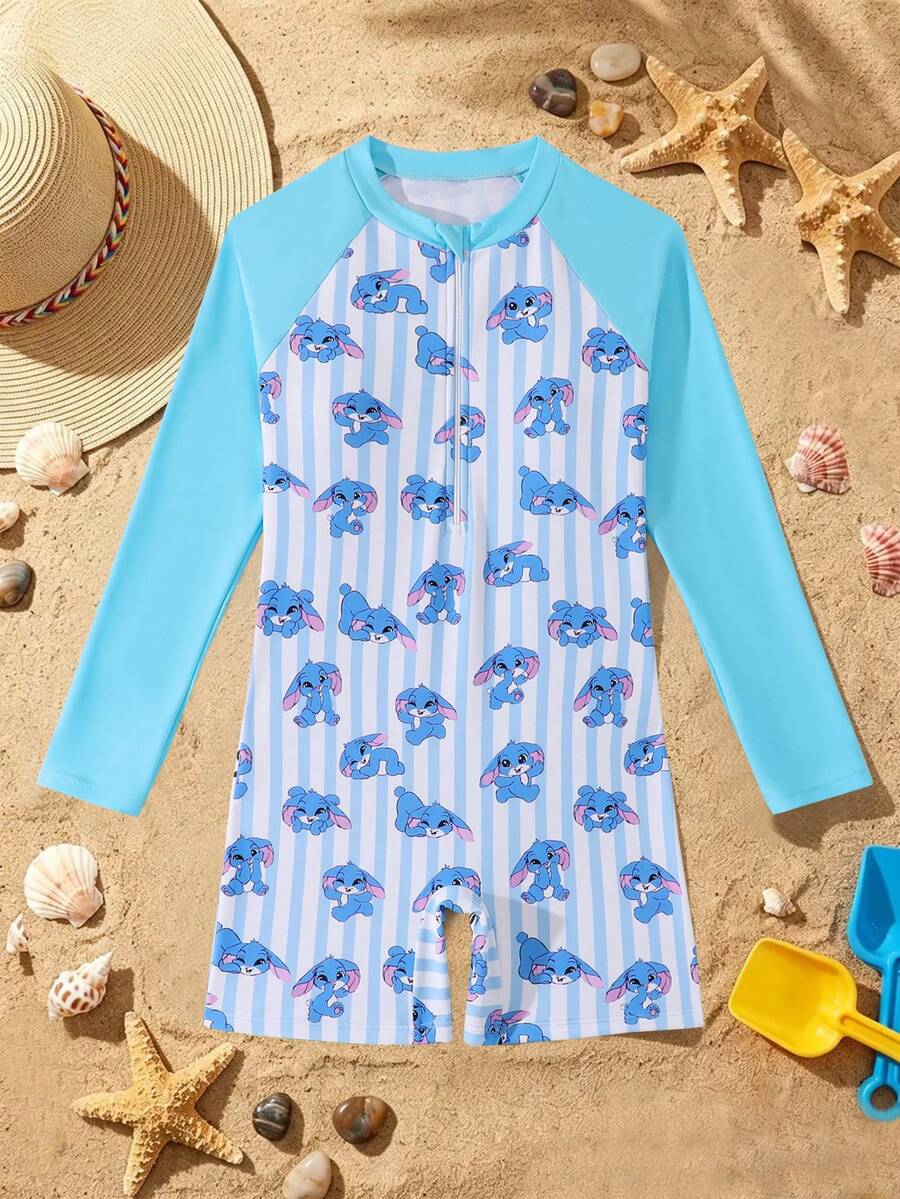 SHEIN Bộ áo tắm liền thân tay raglan in hình hoạt hình dành cho bé gái tuổi teen, kèm quần short. - trắng - Xem 1