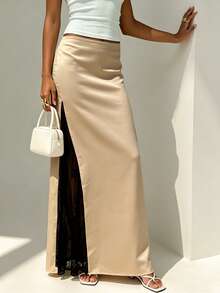 NOVVYNE Falda larga elegante francesa de satén con cintura ceñida y versátil, falda maxi con encaje y abertura para mujer - Albaricoque - Ver 6