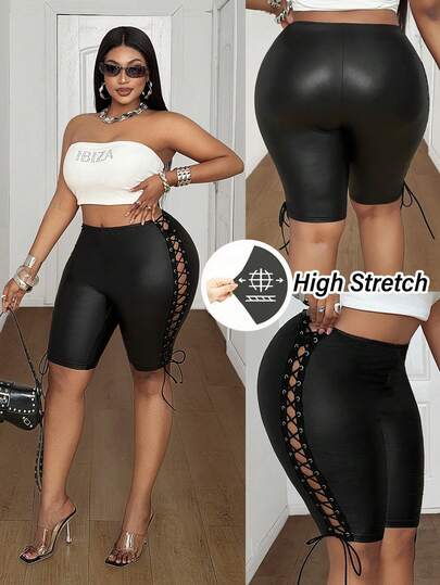 Maweii Summer Sexy Leather Eyelet Lace-Up Skinny Pants, Suitable For Sports And Casual Wear
