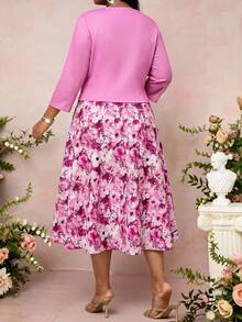 SHEIN Lady 大码优雅派对纯色上衣和印花连衣裙两件套 - 粉色 - View 2