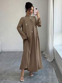 Yasmyna 女士优雅亮片装饰立领长袖阿拉伯风格连衣裙 - 咖啡棕 - 查看 5