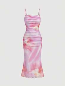 SHEIN MOD Vestido largo de tirantes con estampado floral rosa y plisado de malla para el verano - Morado - Ver 2