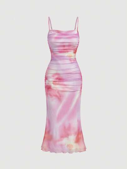 SHEIN MOD Summer Pink Floral Print Ruched Mesh Cami Long Dress
