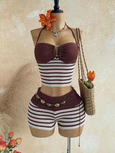 Soleia Women's Striped Contrast Color Halter Tie Knit Top And Casual Knit Shorts 2 Pieces Set