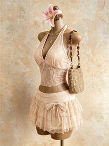 Roelina Women's Lace Sheer Splice Halter Neck Camisole And Shorts 2 Pieces Set Beach Vacation Orange Pink Summer Cute - Apricot - View 3