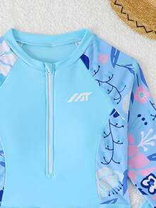 SHEIN Bộ đồ bơi Tankini cho bé gái tuổi teen, vải dệt kim màu tím, áo tay dài và quần dài, váy có khóa kéo, kiểu dáng kín đáo, thời trang thanh lịch, phù hợp cho bơi lội, kỳ nghỉ hè, bãi biển, hồ bơi, tiệc tùng. - Màu xanh nhạt - Xem 3
