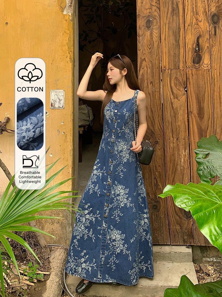 DAZY Vestido vaquero largo de línea A con estampado floral completo, tirantes finos y textura en la cintura, elegante y casual, para mujer. Vestidos de verano para mujeres - Azul - Ver 1