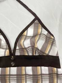 SHEIN Vintage Plaid V-Neck Cinched Waist Sexy Crop Top - Khaki - View 4