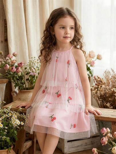 SHEIN Vintaside Kids Toddler Girls' Sweet Mori Style Mesh Ruffle Neck Sleeveless A-Line Princess Dress