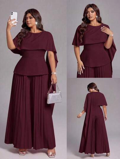 Viva Relle Bộ jumpsuit màu hồng nhạt sang trọng dành cho nữ cỡ lớn, kiểu dáng dự tiệc mùa xuân/hè mới, vai áo choàng bất đối xứng, eo thắt, quần ống rộng. Thích hợp cho các buổi dạ tiệc cao cấp, đám cưới, sự kiện thảm đỏ, thời trang dự tiệc sang trọng.