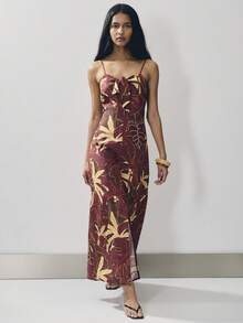 Nöista Tropical-Print Strappy Dress In Burgundy, Detail And Flattering Sweetheart Neckline. Perfect For Dinners, Events, Chic Everyday Wear, Poolside Afternoons, Seaside Walks, Resort Getaways, Music Festival, Holiday Outfit, Poolside Looks, Spring, Sunset Look And Beachwear. - Rust Brown - View 1