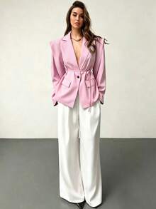 SHEIN Raffinéa 女士时尚优雅纽扣系带长袖西装外套，适合办公室和商务场合 - 粉色 - 查看 3