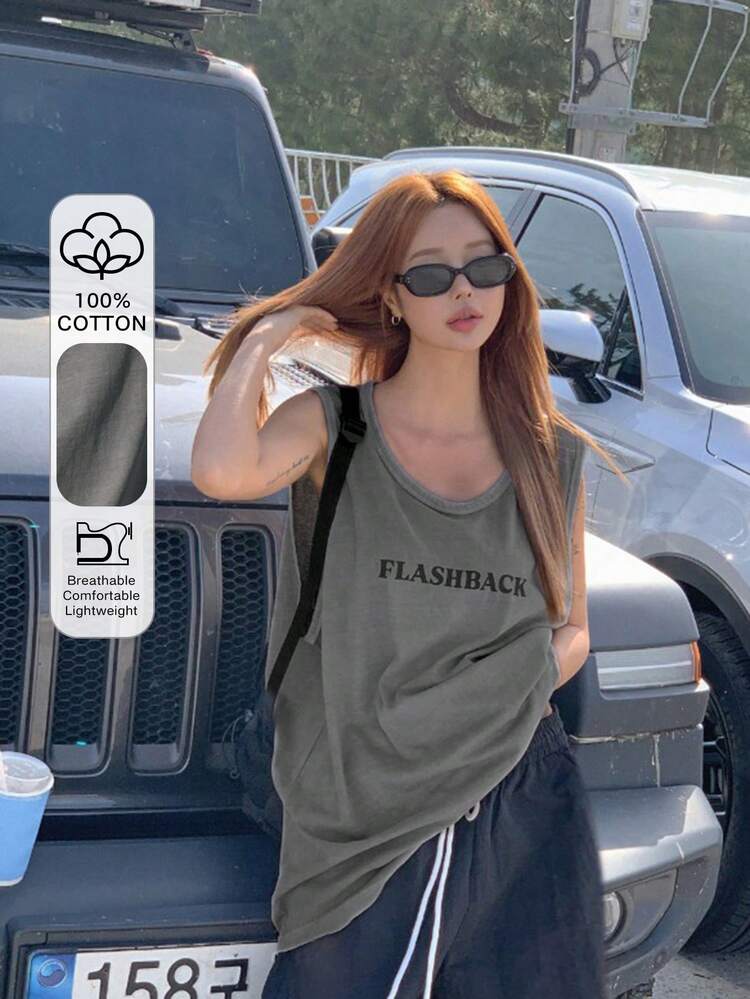 Women's Letter Print Round Neck Casual Loose Tank Top