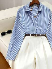INAWLY 2pcs/Set Casual Commuter Striped Long Sleeve Shirt (With Belt Decor) And Straight Leg Pants Set - Blue and White - View 5
