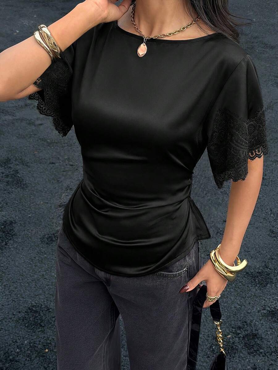 Siren Gaze New Spring/Summer Satin & Lace Patchwork Waist Shirt For Women,Summer Top - Black - View 1