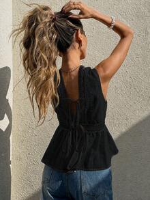 2026 Blusa sin mangas con bordado y espalda descubierta para vacaciones de verano de mujer - Negro - Ver 3