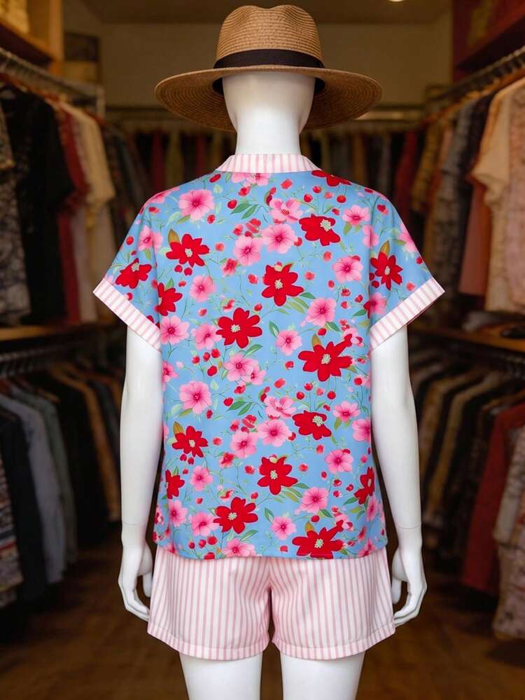 Plus Size Women Floral Print Short Sleeve Top And Shorts Casual 2 Piece Set Beach Outfit For Women Summer Outfits For Women