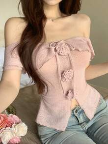 Joudiya 女款優雅灰粉色夏季茶會露肩荷葉邊3D花卉裝飾修身短袖上衣，適合音樂節、婚禮派對 - 粉色 - 查看 1