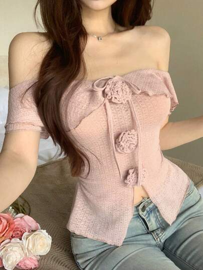 Joudiya 春夏性感音乐节粉色露肩荷叶边拼接3D立体花卉装饰休闲度假情人节婚礼派对修身优雅荷叶边拼接短袖女式衬衫