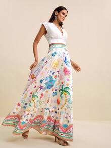LOTSLUV Women's Colorful Playful Pattern Printed A-Line Long Satin Skirt,White,Summer,Euro,Tea Party,Vacation,Holiday Floral Skirts For Spring/Summer Vacation - Multicolor - View 5