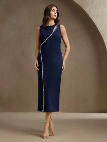 Anewsta Elegant High-End Luxury Design Hollow Chain Long Sleeve Split Bodycon Dress, Chic, Suitable For Party, Wedding, Valentine, Black - Navy Blue - View 6