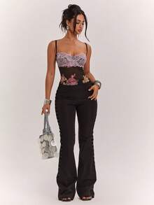 SHEIN BAE Elegantes Damen-Sommer-Camisole mit großem Blumenmuster, Tanktop, Party/Date Urlaub Strand Muster schwarze Blumen Vintage Y2K - Schwarz - Übersicht 7