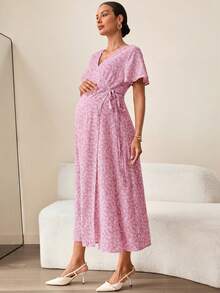 MaterniWear 孕妇印花系带V领连衣裙，度假花园 - 粉色 - 查看 3