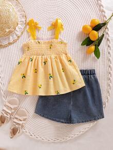 SHEIN Elladie kids 两件套女童休闲通勤甜美柠檬格纹印花无袖上衣搭配刺绣牛仔短裤，亮丽配色，适合春夏穿着 - 黃色 - 查看 2