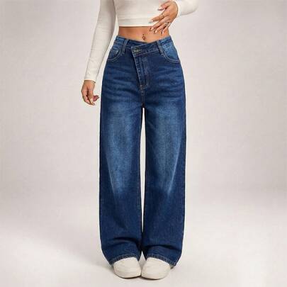 Jeans rectos de pierna ancha para mujer con cintura alta cruzada, lavado marmoleado, estilo casual urbano de uso diario