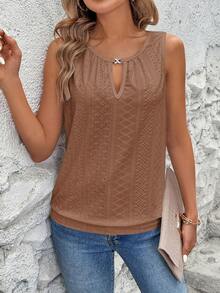 EMERY ROSE Camiseta de mujer con cuello de ojo de cerradura bordado - Marrón - Ver 4