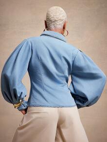 Vixey Balloon Sleeve Button Up Collared Denim Shirt - Light Wash - View 2