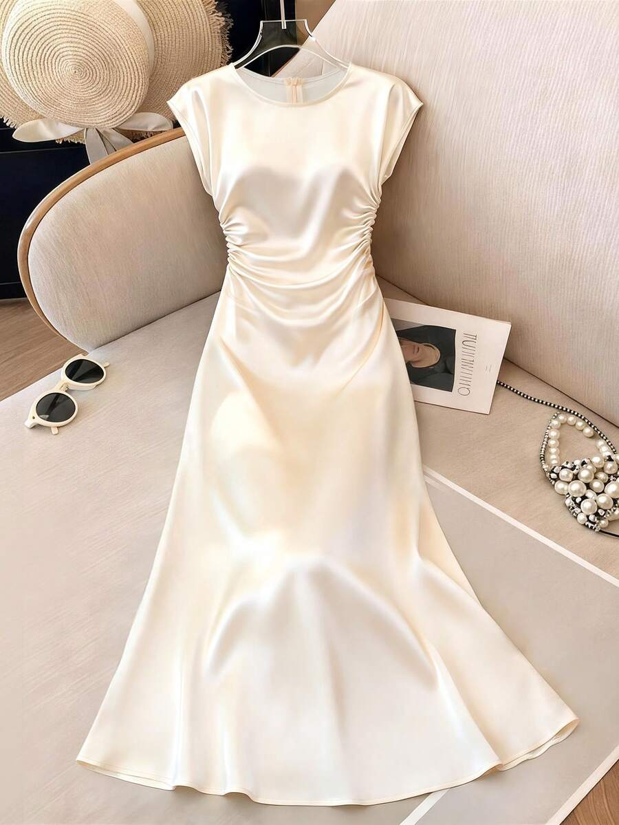 SHEIN Franclia 优雅时尚的日常穿着无袖修身白色中长连衣裙，亚麻面料 - 白色 - 查看 1