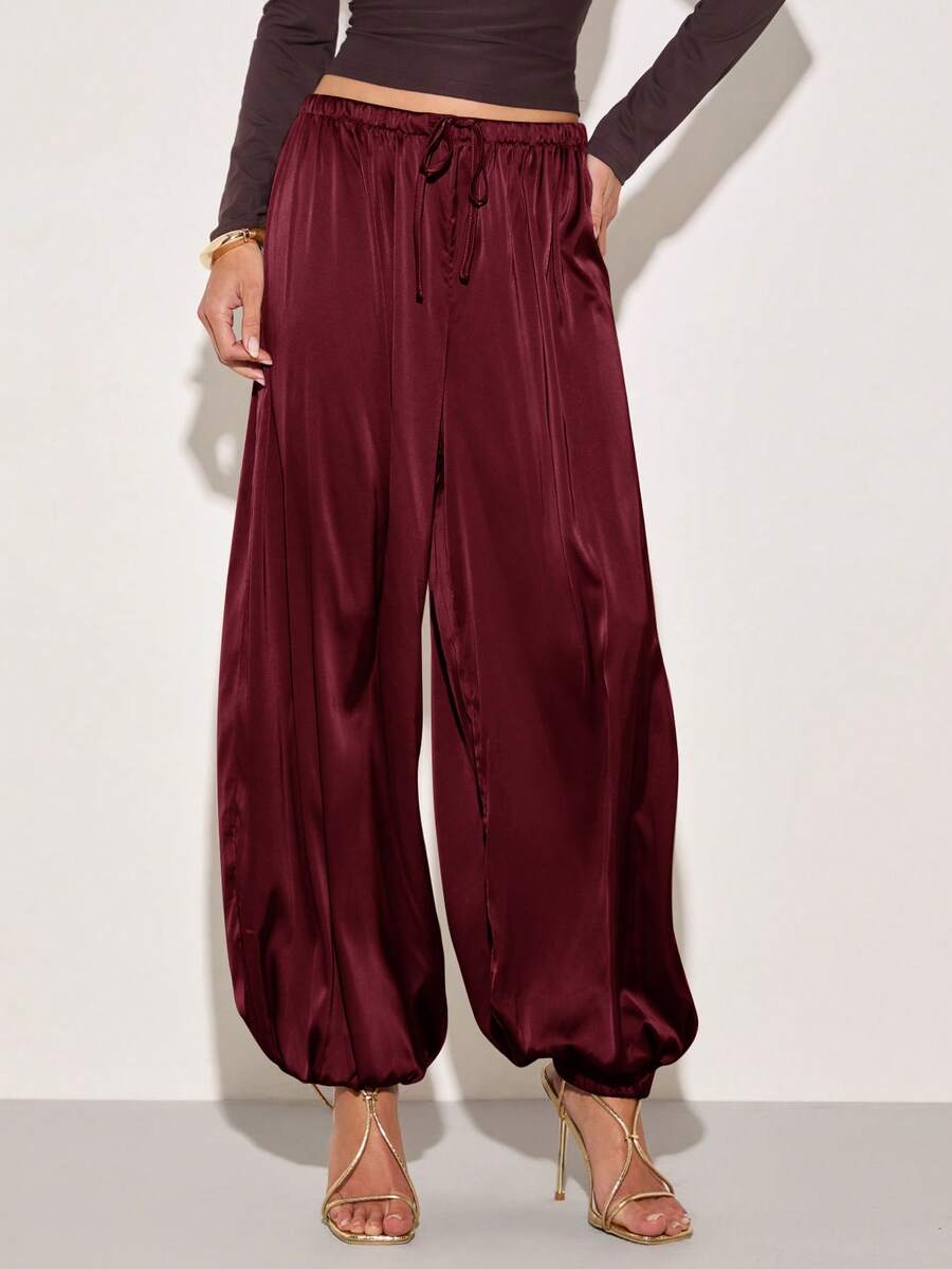 COSMINA Pantalones casuales de uso diario con cintura con cordón y pierna de farol de unicolor para mujeres - Burdeos - Ver 1