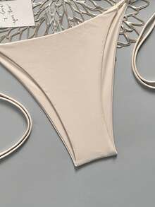 Swim Mod Conjunto de bikini de verano para mujer de unicolor con escote halter y lazos, traje de baño sexy - Beis - Ver 6