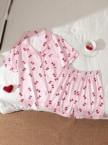 2 Pieces Tween Girl Pink Summer Home Wear Featuring Cute Sweet Heart Print. Stylish Lapel Collar Short Sleeve Top And Matching Shorts Sleep Set - Pink - View 3