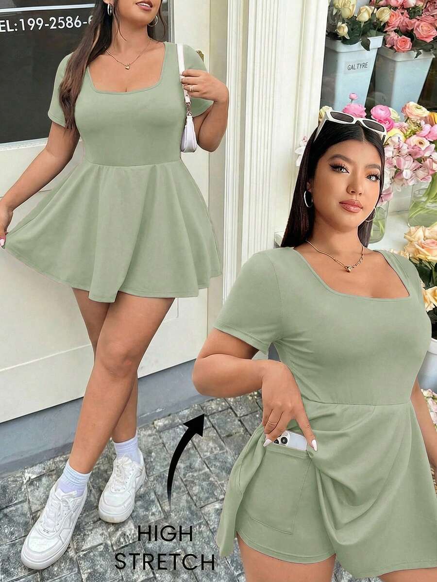 GalTyme Mono de mujer talla grande para todas las estaciones, regreso a clases, campus, deportes al aire libre, yoga en interiores, fitness, casual, diario, básico, versátil, negro, cuello cuadrado, manga corta, línea A, dobladillo con volantes, alta elasticidad, absorción de humedad, secado rápido, refrescante, tela funcional y cómoda, unicolor, con bolsillos, anti-exposición - Verde - Ver 1