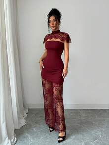 SHEIN Elenzya Women's Contrast Lace Hollow Out Design Fitted Elegant Dress - Burgundy - View 8